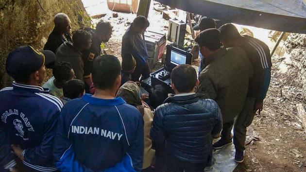 Rescuers on Thursday managed to pull out the remains of the lone body that they had managed to locate in the flooded Meghalaya coal mine in East Jaintia Hills district. On Tuesday, the body had slipped from the grip of the Navy’s underwater remotely operated vehicle. The body was found late on Wednesday evening. The body was pulled out in a joint operation by the NDRF and Indian Navy. (PTI File) Rescuers on Thursday managed to pull out the remains of the lone body that they had managed to locate in the flooded Meghalaya coal mine in East Jaintia Hills district. On Tuesday, the body had slipped from the grip of the Navy’s underwater remotely operated vehicle. The body was found late on Wednesday evening. The body was pulled out in a joint operation by the NDRF and Indian Navy. (PTI File)