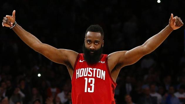 Houston Rockets guard James Harden (13) reacts after the Rockets defeated the New York Knicks 114-110 at Madison Square Garden.(USA TODAY Sports)