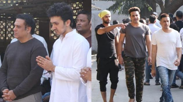 Govinda with son Yashvardan Ahuja at cousin Dumpy Ahuja’s funeral.(Viral Bhayani)