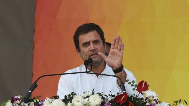 Congress president Rahul Gandhi speaks during Parivartan Sankalp Samavesh rally, in Bhubaneswar.(Arabinda Mahapatra/HT Photo)