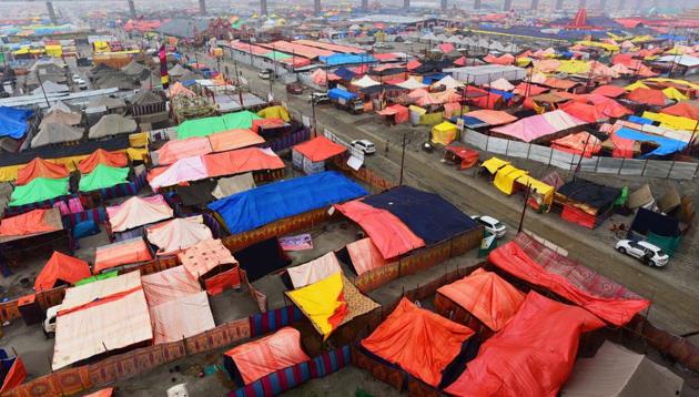 View of temporary tents and huts of sadhus and pilgrims at the Kumbh Mela. (ANI Photo) View of temporary tents and huts of sadhus and pilgrims at the Kumbh Mela. (ANI Photo)