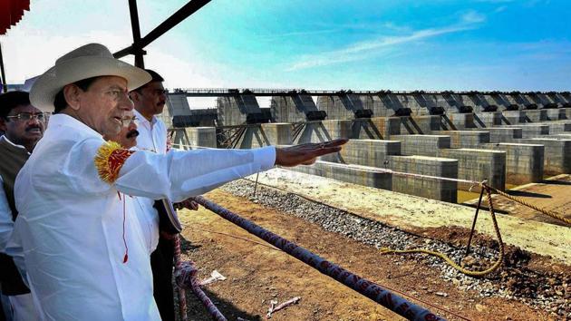 Telangana Chief Minister K Chandrasekhar Rao inspects Annaram barrages under Kaleshwaram Project lift irrigation scheme, Bhoopalpally.(PTI FILE PHOTO)