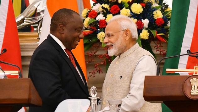 Prime Minister Narendra Modi and the President of the Republic of South Africa Matamela Cyril Ramaphosa at the Joint Press Meet at Hyderabad House in New Delhi on January 25.(ANI Photo)