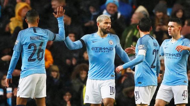 Manchester City's Sergio Aguero celebrates a goal with his teammates. (Reuters) Manchester City's Sergio Aguero celebrates a goal with his teammates. (Reuters)