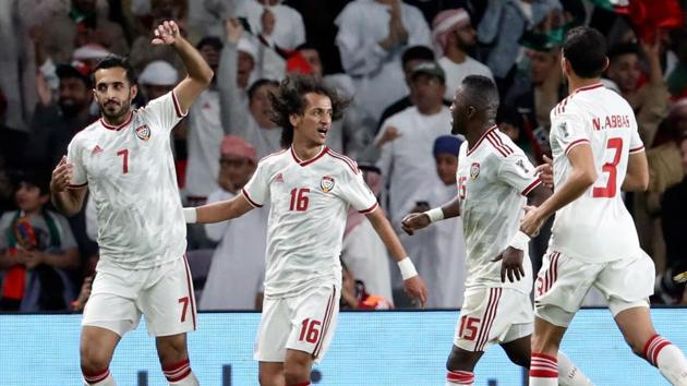 United Arab Emirates' forward Ali Mabkhout (L) celebrates his opening goal during the 2019 AFC Asian Cup quarter-final football match between UAE and Australia at Hazaa bin Zayed Stadium in Al-Ain.(AFP)