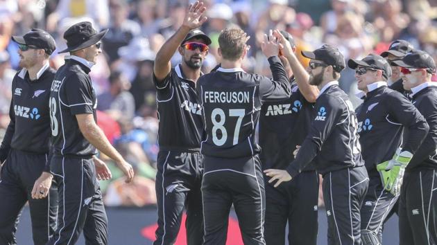 New Zealand celebrate the wicket of India's Rohit Sharma. (AP) New Zealand celebrate the wicket of India's Rohit Sharma. (AP)
