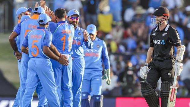 India celebrate the wicket of New Zealand's Kane Williamson. (AP) India celebrate the wicket of New Zealand's Kane Williamson. (AP)