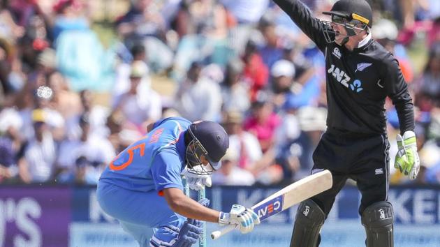 Tom Latham, right, of New Zealand appeals for the stumping of Rohit Sharma during the second one day international between India and New Zealand at Blake Park in Tauranga, New Zealand, Saturday, Jan. 26, 2019.(AP) Tom Latham, right, of New Zealand appeals for the stumping of Rohit Sharma during the second one day international between India and New Zealand at Blake Park in Tauranga, New Zealand, Saturday, Jan. 26, 2019.(AP)