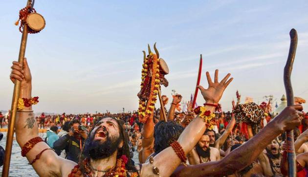 Devotees and visitors, too, try their hand in adding to the musical ambience at the world’s largest religious congregation.(PTI)