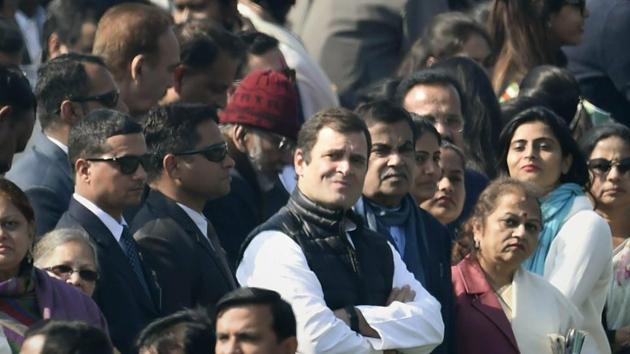 Congress president Rahul Gandhi and other dignitaries during the 70th Republic Day Parade at Rajpath in New Delhi on January 26. (AP Photo) Congress president Rahul Gandhi and other dignitaries during the 70th Republic Day Parade at Rajpath in New Delhi on January 26. (AP Photo)