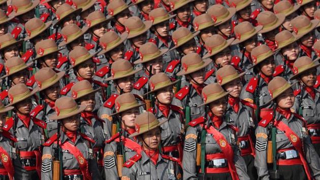 The 70th Republic Day parade marked an occasion of many firsts, with women leading several Navy and Army contingents. Pictured here is the all-woman Assam Rifles Marching Contingent led by Maj Khushboo Kanwar, passing through the saluting base. (Mohd Zakir / HT Photo) 