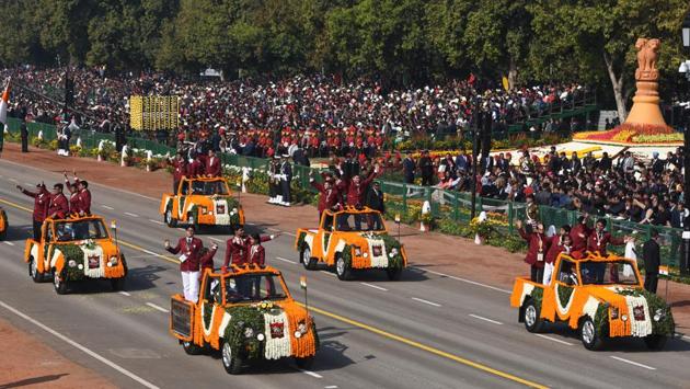 The 26 recipients of this year’s Prime Minister National Child Awardees pass through the saluting base at Rajpath. This new category clubs the National Awards for children with the bravery awards. (Mohd Zakir / HT Photo) The 26 recipients of this year’s Prime Minister National Child Awardees pass through the saluting base at Rajpath. This new category clubs the National Awards for children with the bravery awards. (Mohd Zakir / HT Photo)