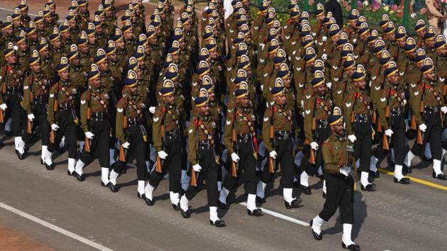 The Rajputana Rifles pass through the saluting base at Rajpath during the 70th Republic Day Parade in New Delhi. (Mohd Zakir / HT Photo) 