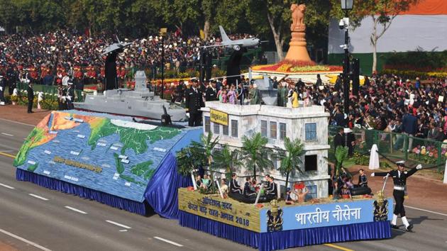 The naval contingent comprised of 144 young sailors led by Lieutenant Commander Ambika Sudhakarn. It was followed by naval tableau titled, ‘Indian Navy - Combat Ready Force for National Security’. The Indian Air Force marching contingent also comprised 144 air warriors. (Mohd Zakir / HT Photo) 
