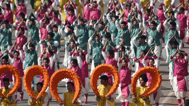 Students from the Navy Children School, Delhi perform during the 70th Republic Day parade in New Delhi. (Raj K Raj / HT Photo) Students from the Navy Children School, Delhi perform during the 70th Republic Day parade in New Delhi. (Raj K Raj / HT Photo)