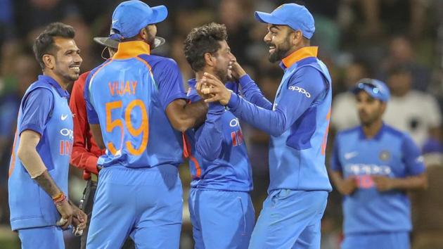Kuldeep Yadav , center, of India celebrates during the second one day international between India and New Zealand.(AP)