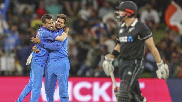 Tauranga : Kuldeep Yadav of India, center, is congratulated by Yuzvendra Chahal. (AP) Tauranga : Kuldeep Yadav of India, center, is congratulated by Yuzvendra Chahal. (AP)