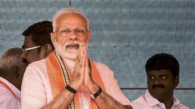 Prime Minister Narendra Modi at the foundation stone laying ceremony of AIIMS Madurai on Sunday.(PTI)