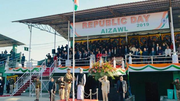 Governor of Mizoram Kummanam Rajasekharan celebrating Republic Day in Aizawl on Saturday.(ANI)