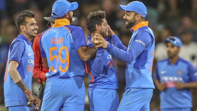 Kuldeep Yadav celebrates during the second one day international between India and New Zealand.(AP)