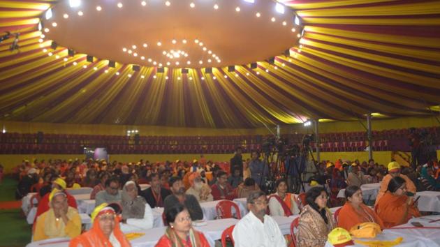 The camp of Ganga Sewa Abhiyanam where the Param Dharam Sansad will be held.(HT)