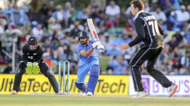 India's Virat Kohli, center, bats against New Zealand. (AP) India's Virat Kohli, center, bats against New Zealand. (AP)