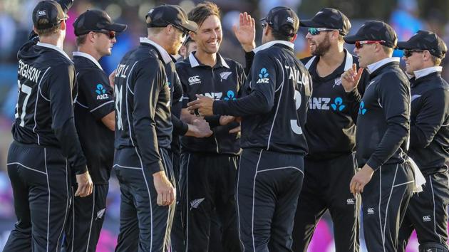 New Zealand celebrates the wicket of India's Shikhar Dhawan. (AP) New Zealand celebrates the wicket of India's Shikhar Dhawan. (AP)