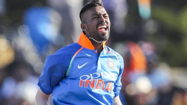 Hardik Pandya reacts during the third one day international between India and New Zealand.(AP)