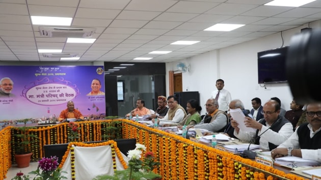 Uttar Pradesh chief minister Adityanath chairing a cabinet meeting in Prayagraj on Tuesday.(HT PHOTO)