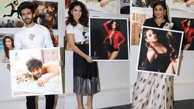 Kartik Aaryan, Sunny Leone and Vidya Balan at the Dabboo Ratnani calender launch.(Viral Bhayani)