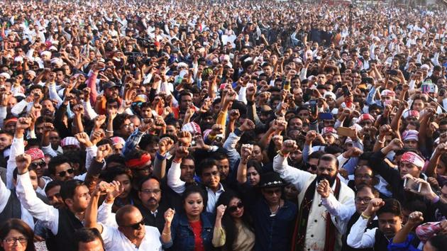A mass rally organized by All Assam Students Union (AASU) along with 30 other indigenous organizations of the Northeastern states in protest against the Citizenship (Amendment) Bill 2016 in Guwahati on January 23. (ANI) A mass rally organized by All Assam Students Union (AASU) along with 30 other indigenous organizations of the Northeastern states in protest against the Citizenship (Amendment) Bill 2016 in Guwahati on January 23. (ANI)