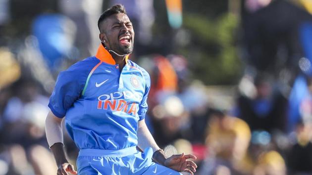 India's Hardik Pandya reacts during the third one day international between India and New Zealand at Bay Oval, Tauranga, New Zealand, Monday, Jan. 28, 2019(AP)