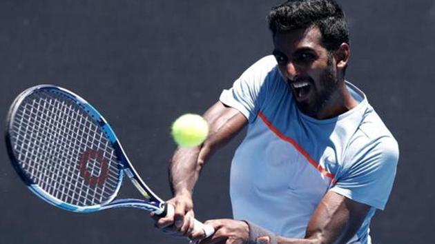 Prajnesh Gunneswaran in action during the match against Frances Tiafoe of the U.S.(REUTERS)