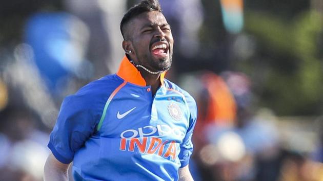 Hardik Pandya reacts during the third one day international between India and New Zealand.(AP)