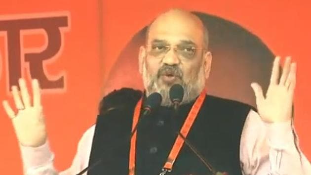BJP president Amit Shah addresses party workers in Kanpur, Uttar Pradesh on Tuesday.(Photo: Twitter?@BJP4UP)