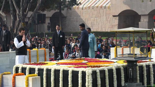 Congress President Rahul Gandhi pays homage to Mahatma Gandhi on his death anniversary, also observed as Martyrs’ Day, at Rajghat, in New Delhi. Remembering the Mahatma on his death anniversary, Prime Minister Narendra Modi tweeted, “...Remembering Bapu on his Punya Tithi. We reiterate our commitment to follow the path shown by him and abide by the values he stood for.” (Arvind Yadav / HT Photo)