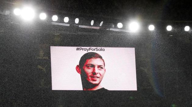 The big screen displays a message as a tribute to Emiliano Sala before the match(Action Images via Reuters)