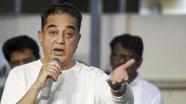 Makkal Needhi Maiam president Kamal Haasan addresses a press conference after announcing the party's Puducherry unit.(PTI Photo)