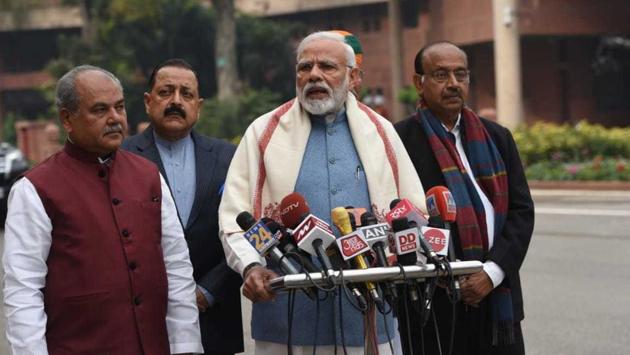 Prime Minister Narendra Modi speaks to the media as he arrives on the first day of the budget session in Parliament. The ruling NDA government will present the interim-budget as 2019 is an election year. (Mohd Zakir / HT Photo) Prime Minister Narendra Modi speaks to the media as he arrives on the first day of the budget session in Parliament. The ruling NDA government will present the interim-budget as 2019 is an election year. (Mohd Zakir / HT Photo)