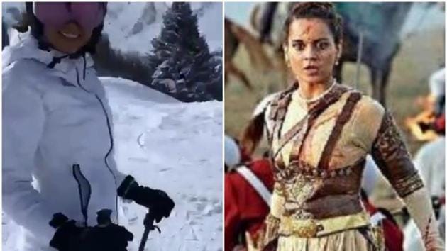 A new clip online shows Kangana Ranaut skiing in Alps. (Right) In a shot from Manikarnika.(Instagram)