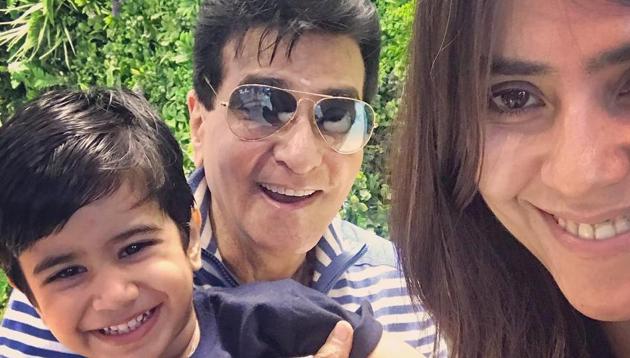 Ekta Kapoor with her father Jeetendra and nephew Laksshya.(Instagram)