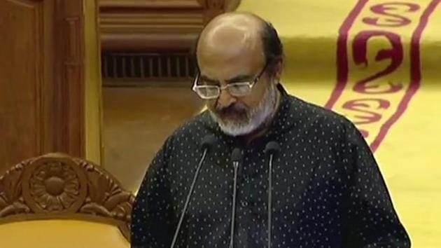 Kerala Finance Minister TM Thomas Isaac presenting Budget 2019-20 in the state assembly on Thursday.(Photo: Twitter/@ANI)