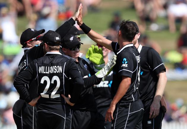 New Zeland celebrate the wicket of India's Shubman Gill during the fourth one-day international cricket match between New Zealand and India at Seddon Park in Hamilton. (AFP) 