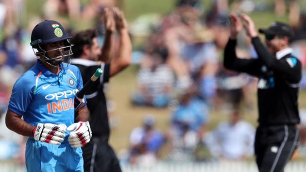 India's Ambati Rayudu (L) is dismissed during the fourth one-day international cricket match between New Zealand and India at Seddon Park.(AFP)