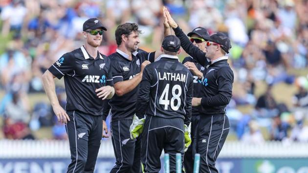 New Zealand players celebrate the fall of an India wicket at the Seddon Park in Hamilton. (AP) New Zealand players celebrate the fall of an India wicket at the Seddon Park in Hamilton. (AP)