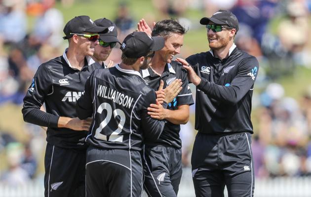 New Zealand's Trent Boult, second from right, is congratulated on taking an Indian wicket during their one day international cricket match at Seddon Park in Hamilton. (AP) 