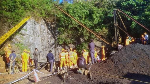 Rescuers work at the site of a coal mine that collapsed in Ksan, in Meghalaya.(REUTERS/FILE PHOTO)