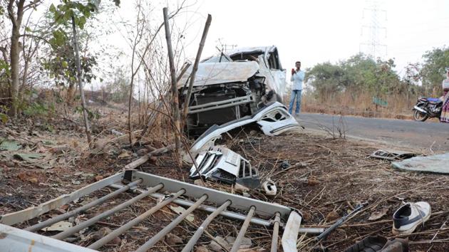 The car that was involved in the road accident in Badlapur. Initial investigation suggests none of the students were drunk and the driver had taken his parents’ SUV without their permission.(Rishikesh Chudhary / HT Photo)