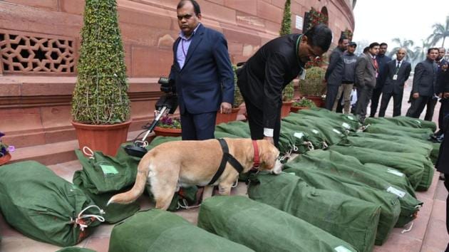 Sniffer dogs check Budget 2019 papers on Parliament House premises in New Delhi on Friday.(Arvind Yadav/HT Photo)