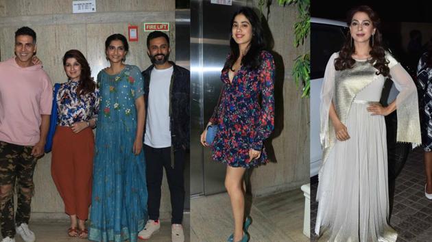 Akshay Kumar, Twinkle Khanna, Sonam Kapoor, Anand Ahuja, Janhvi Kapoor and Juhi Chawla at Ladki Ko Dekha Toh Aisa Laga screening.(Varinder Chawla)